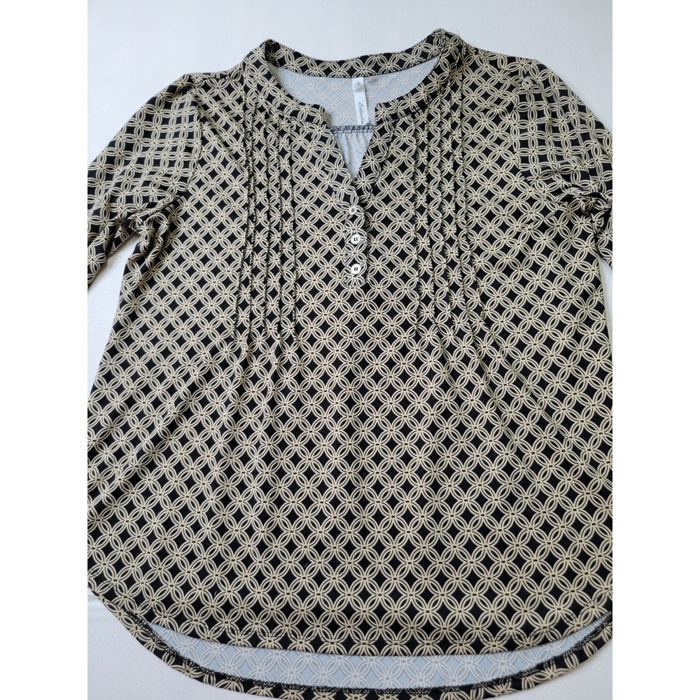 NY Collection Womens Med Blouse Black Tan Geometric Pintuck 3/4 Tab Sleeve 1228